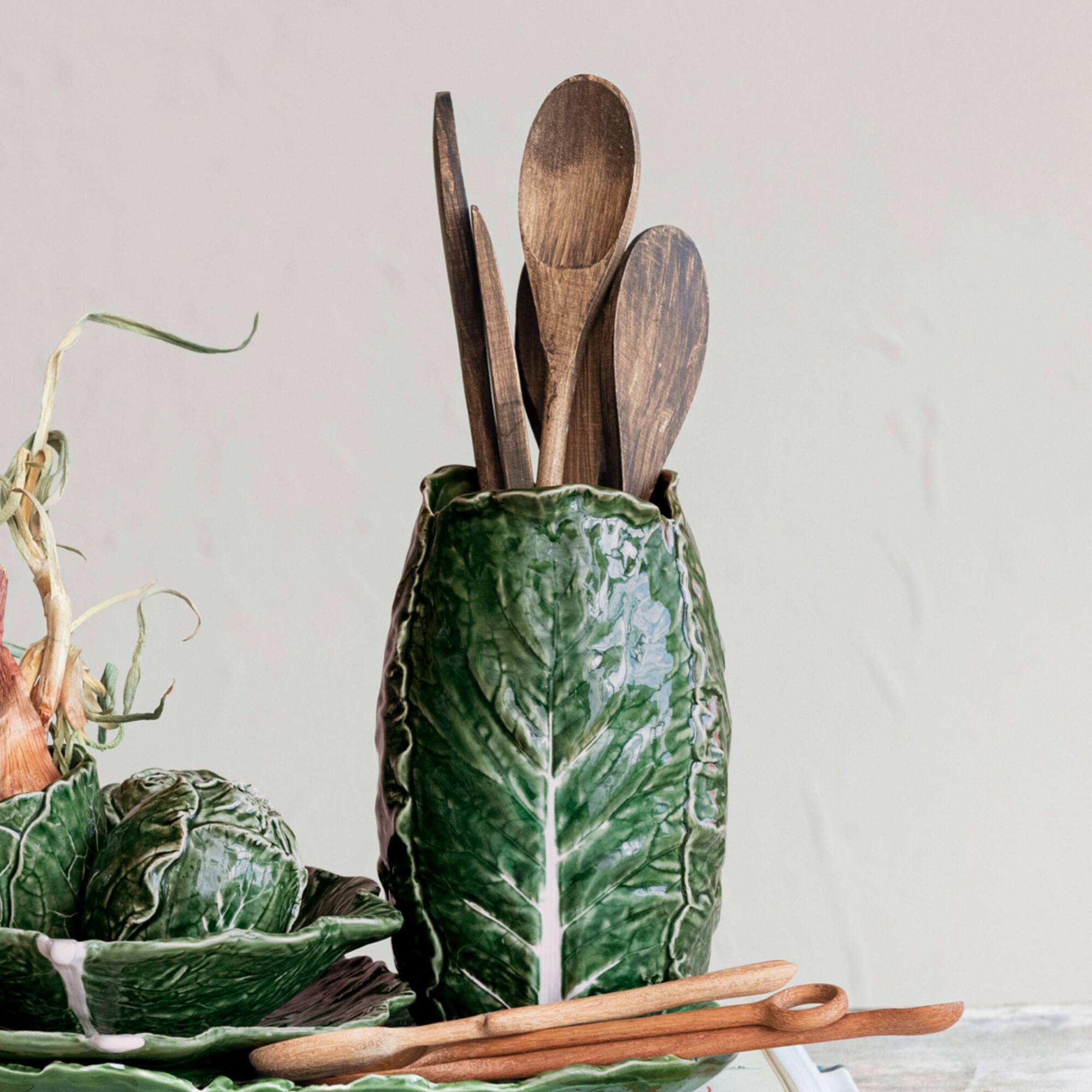 Hello Honey® 8.25" Green Hand Painted Embossed Stoneware Cabbage Vase